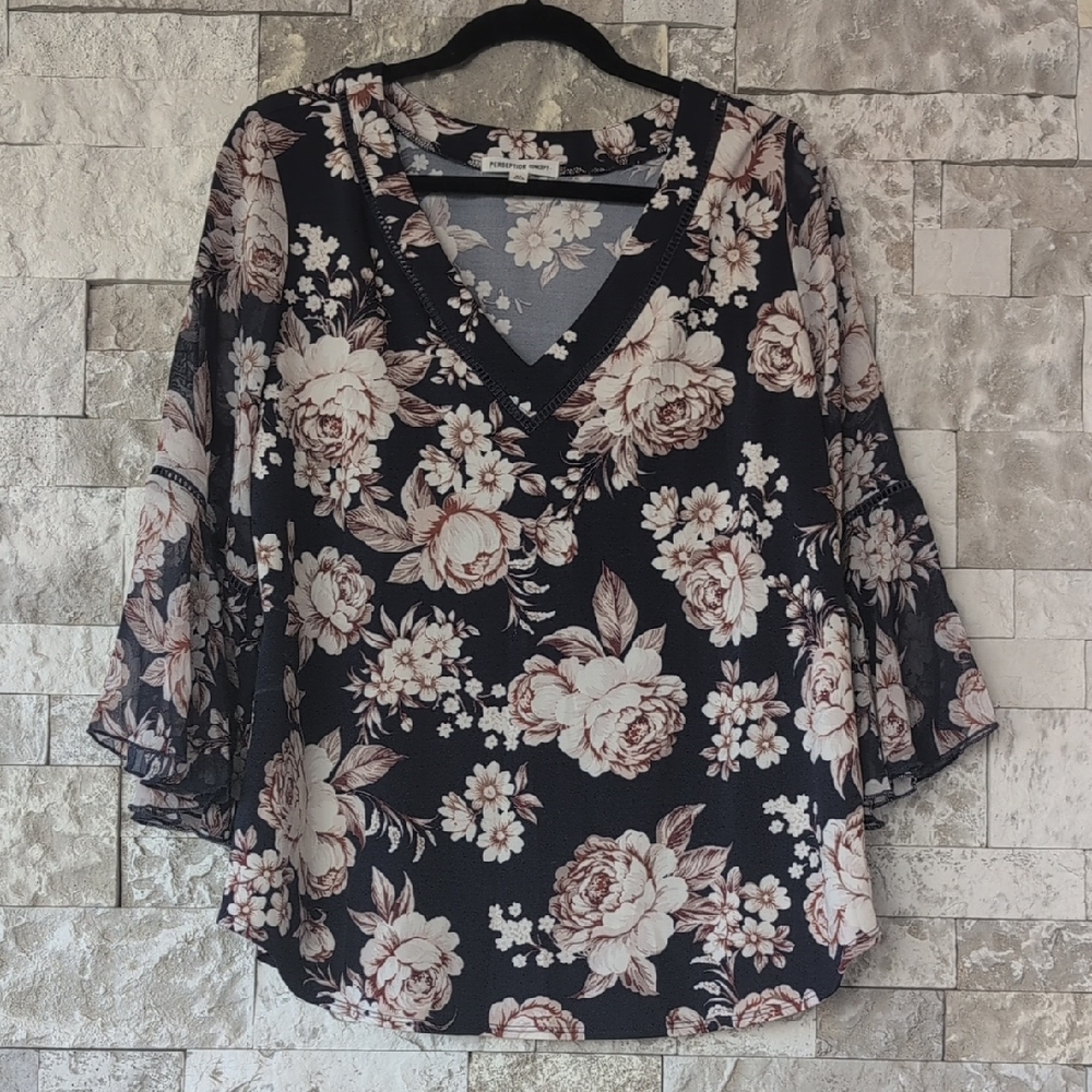 Perseption Concept Foral V-Neck Bell Sleeve Blouse XL, Navy w/ Cream & Tan Roses